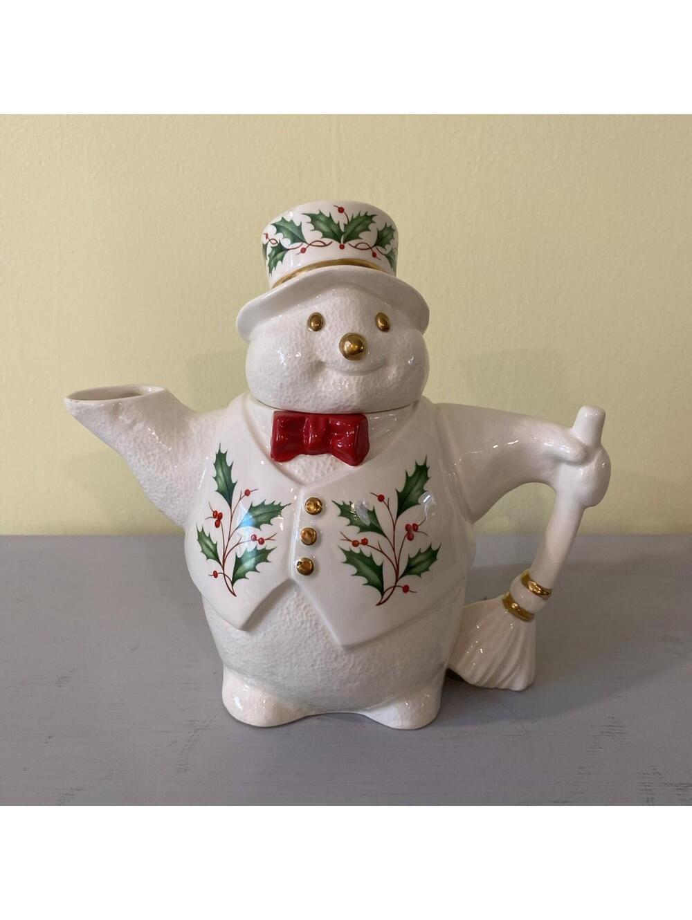 Vtg Lenox 1998 Holiday Snowman 8” 2pc Broom Handle Teapot
